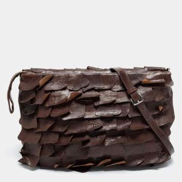 Pre Owned Miu Miu Dark Brown Ruffled Leather Zip Crossbody Bag