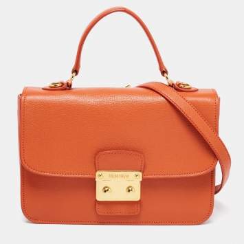 Pre Owned Miu Miu Orange Leather Madras Flap Top Handle Bag