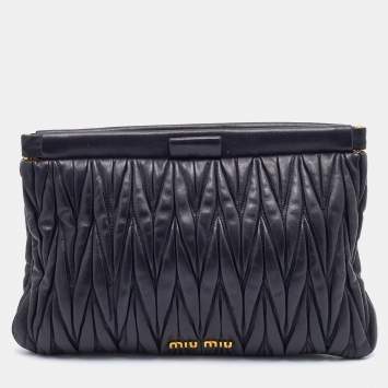 Pre Owned Miu Miu Black Matelasse Leather Frame Clutch 