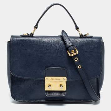 Pre Owned Miu Miu Dark Blue Madras Leather Push Lock Flap Top Handle Bag