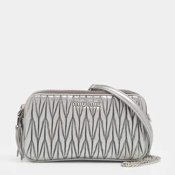 Pre Owned Miu Miu Silver Matelassé Leather Double Zip Crossbody Bag