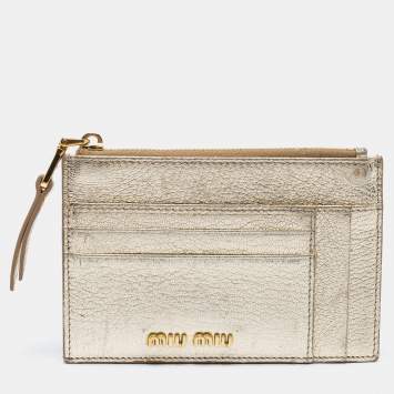 Pre Owned Miu Miu Metallic Gold Leather Madras Card Holder