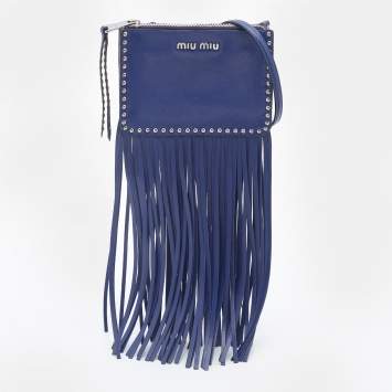 Pre Owned Miu Miu Blue Leather Studded Fringed Crossbody Bag