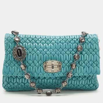 Pre Owned Miu Miu Turquoise Matelasse Leather Crystal Shoulder Bag