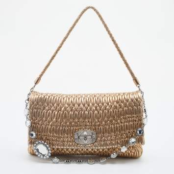 Pre Owned Miu Miu Metallic Gold Matelassé Leather Crystal Flap Shoulder Bag