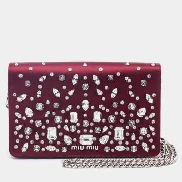 Pre Owned Miu Miu Burgundy Satin Crystal Embellished Chain Shoulder Bag