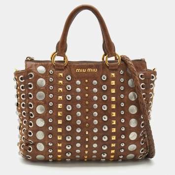 Pre Owned Miu Miu Brown Studded Leather Monk Zip Satchel