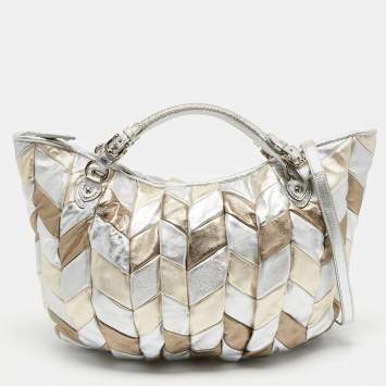 Pre Owned Miu Miu Metallic Silver/Gold Leather Harlequin Tote