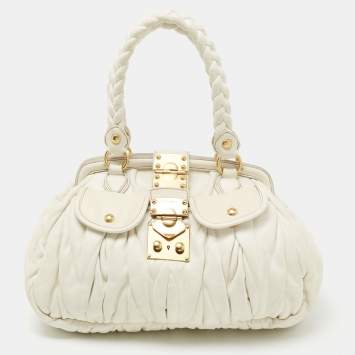 Pre Owned Miu Miu White Matelassé leather Coffer Frame Satchel