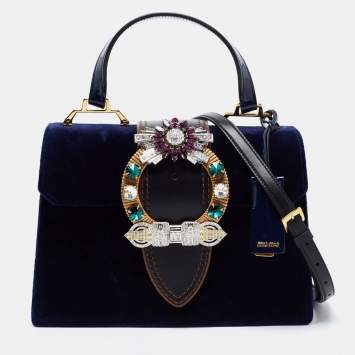 Pre Owned Miu Miu Blue Velvet Crystal Embellished Buckle Flap Top Handle Bag