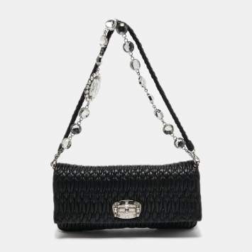 Pre Owned Miu Miu Black Matelassé Leather Crystal Shoulder Bag
