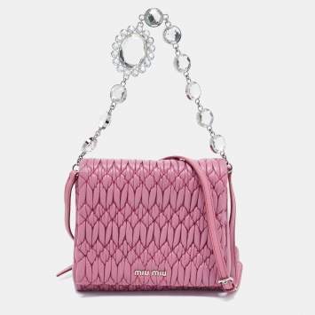 Pre Owned Miu Miu Bubble Gum Matelasse Leather Crystal Crossbody Bag