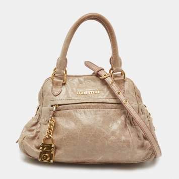 Pre Owned Miu Miu Beige Leather Lily Distressed Satchel