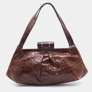 Pre Owned Miu Miu Brown Croc Embossed Leather Frame Shoulder Bag