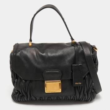 Pre Owned Miu Miu Black Matelassé Leather Push Lock Flap Top Handle Bag