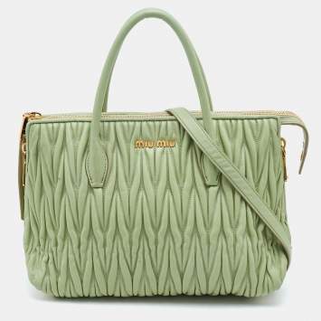 Pre Owned Miu Miu Mint Green Matelasse Leather Zip Satchel