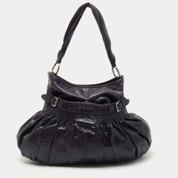 Pre Owned  Miu Miu Dark Blue Crinkled Leather Gathered Hobo