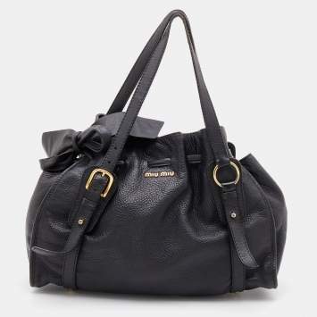 Pre Owned Miu Miu Black Grained Leather Drawstring Tote