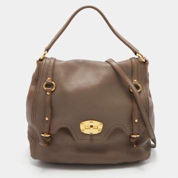 Pre Owned Miu Miu Taupe Grey Leather Turnlock Flap Satchel