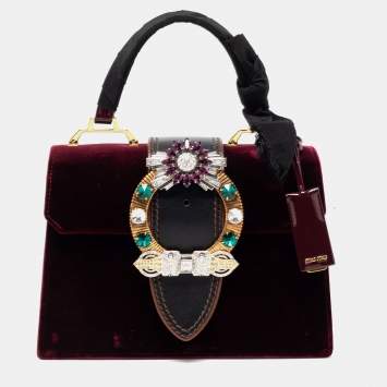 Pre Owned Miu Miu Burgundy Velvet and Patent Leather Crystal Embellished Flap Top Handle Bag
