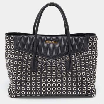 Pre Owned Miu Miu Black Leather Grommet Biker Tote