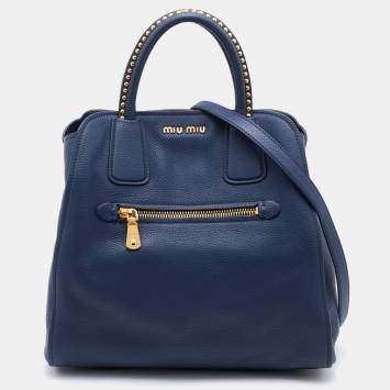 Pre Owned Miu Miu Blue Madras Leather Studded Handle Tote