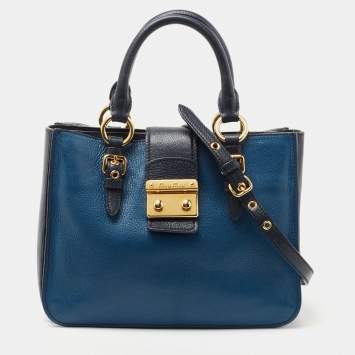 Pre Owned Miu Miu Two Tone Blue Madras Leather Pushlock Tote