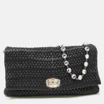 Pre Owned Miu Miu Black Matelassé Leather Crystal Flap Shoulder Bag