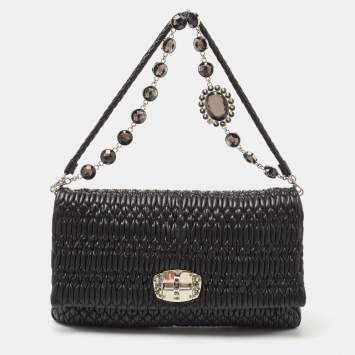 Pre Owned Miu Miu Black Matelassé Leather Crystal Flap Shoulder Bag