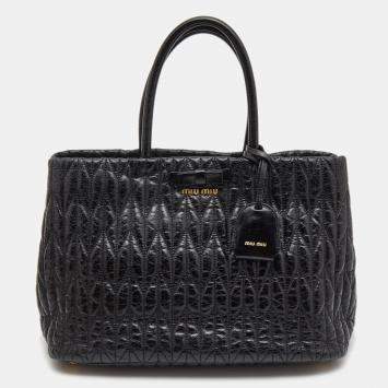 Pre Owned Miu Miu Black Matelassé Leather Bow Tote
