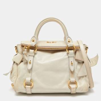 Pre Owned Miu Miu Light Green Vitello Lux Leather Small Bow Satchel