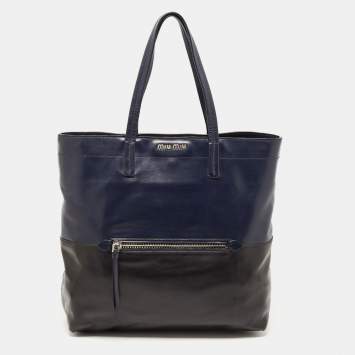 Pre Owned Miu Miu Blue/Black Vitello Soft Leather Shopper Tote
