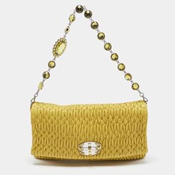 Pre Owned Miu Miu Yellow Matelasse Leather Crystal Flap Shoulder Bag