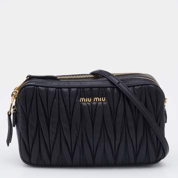 Pre Owned Miu Miu Black Matelassé Leather Double Zip Crossbody Bag