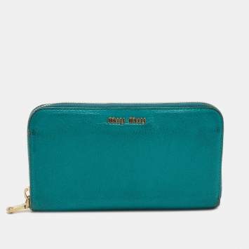 Pre Owned Miu Miu Green Leather Zip Around Wallet