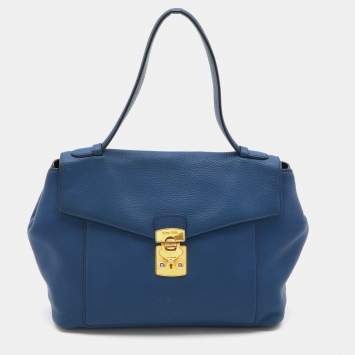 Pre Owned Miu Miu Blue Grained Leather Pushlock Top Handle Bag