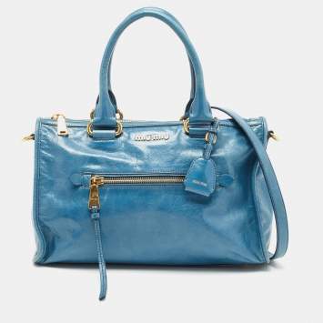 Pre Owned Miu Miu Blue Glazed Leather Front Zip Tote