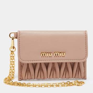 Pre Owned Miu Miu Light Pink Matelasse Leather Flap Card Case with Chain