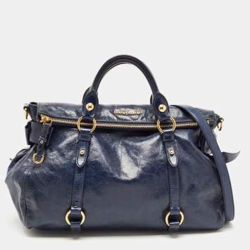 Pre Owned Miu Miu Dark Blue Vitello Lux Leather Bow Satchel