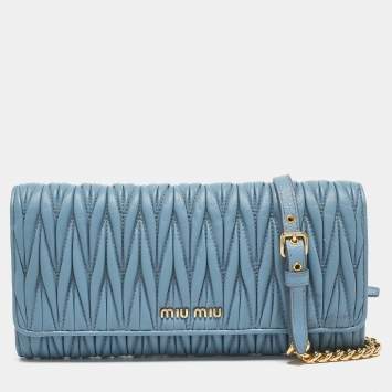 Pre Owned Miu Miu Blue Matelassé Leather Flap Wallet On Chain