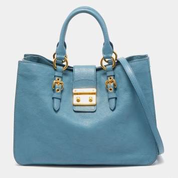 Pre Owned Miu Miu Light Blue Madras Leather Pushlock Tote