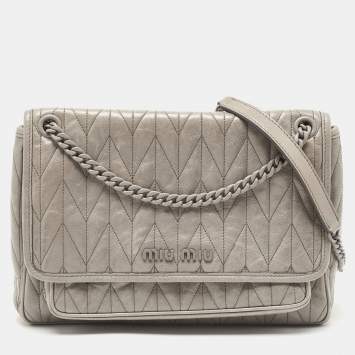 Pre Owned Miu Miu Grey Vitello Shine Leather Flap Shoulder Bag
