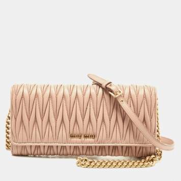 Pre Owned Miu Miu Beige  Matelassé Leather Flap Wallet on Chain