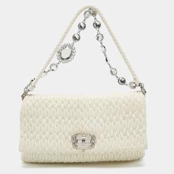 Pre Owned Miu Miu Off White Matelassé Leather Crystal Cloqué Flap Shoulder Bag