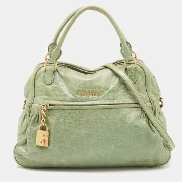 Pre Owned Miu Miu Mint Green Leather Lily Distressed Satchel