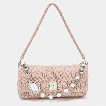 Pre Owned Miu Miu Pink Matelassé Leather Crystal Cloqué Flap Bag