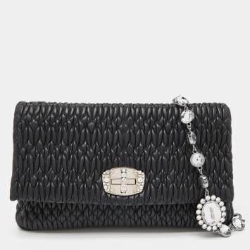 Pre Owned Miu Miu Black Matelassé Leather Crystals Chain Shoulder Bag