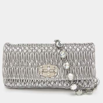 Pre Owned Miu Miu Metallic Silver Matelasse Leather Crystal Shoulder Bag