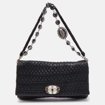 Pre Owned Miu Miu Black Matelasse Leather Crystal Shoulder Bag