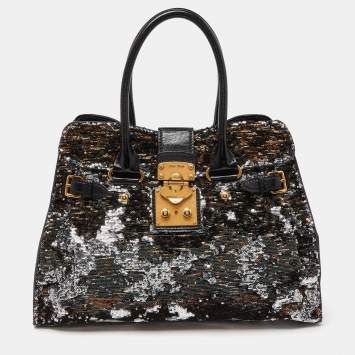 Pre Owned Miu Miu Silver/Black Sequins and Leather Tote